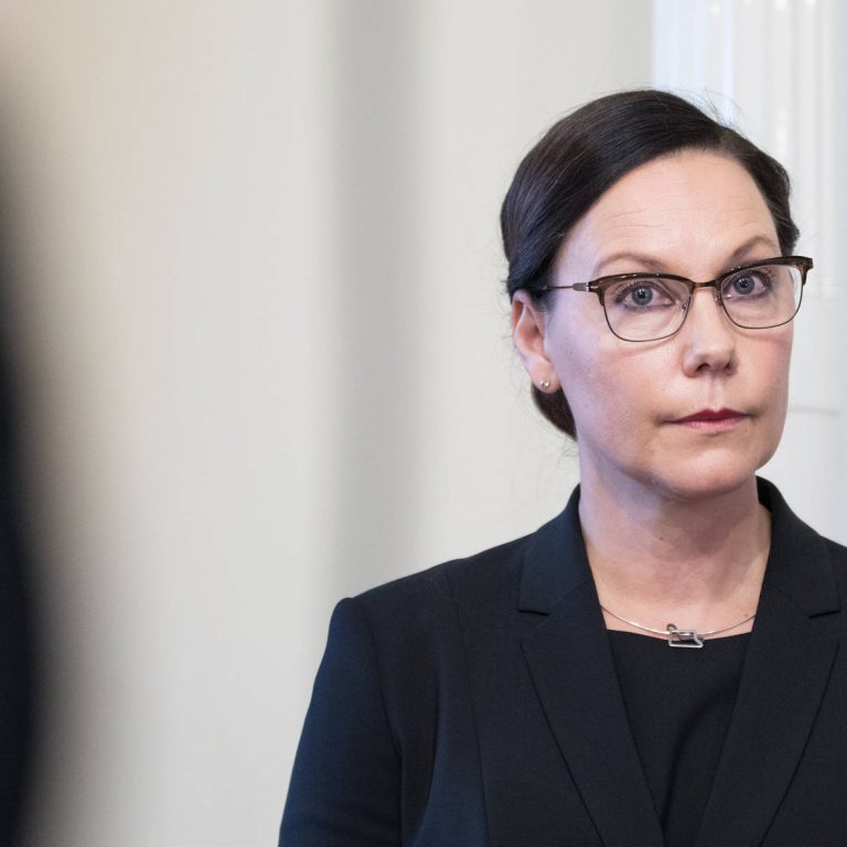 Kuvassa näkyy kehitysministeri Anne-Mari Virolainen vakava ilme naamallaan.