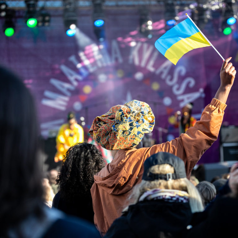 The festival audience photographed from behind in front of the World Village Festival stage.