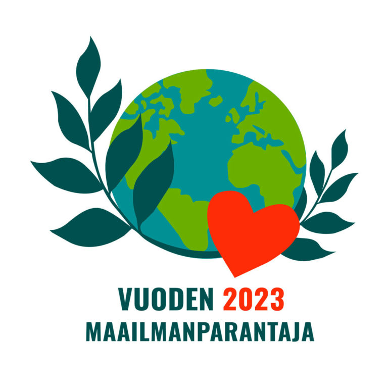 Maailmanparantaja-palkinnon logo. Maapallo, jonka ympärillä ovat laakerinlehdet ja päällä sydän. Kuvassa lukee Vuoden 2023 Maailmanparantaja