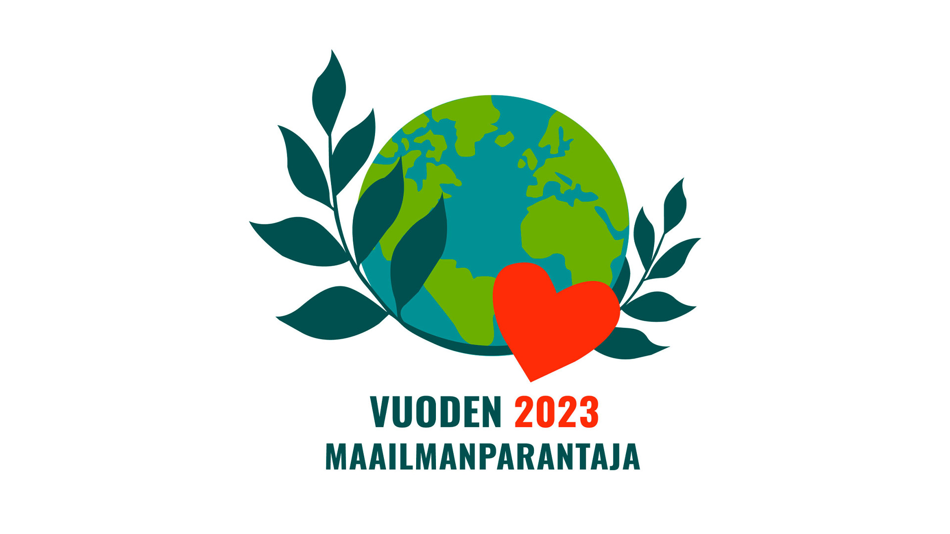 Maailmanparantaja-palkinnon logo. Maapallo, jonka ympärillä ovat laakerinlehdet ja päällä sydän. Kuvassa lukee Vuoden 2023 Maailmanparantaja