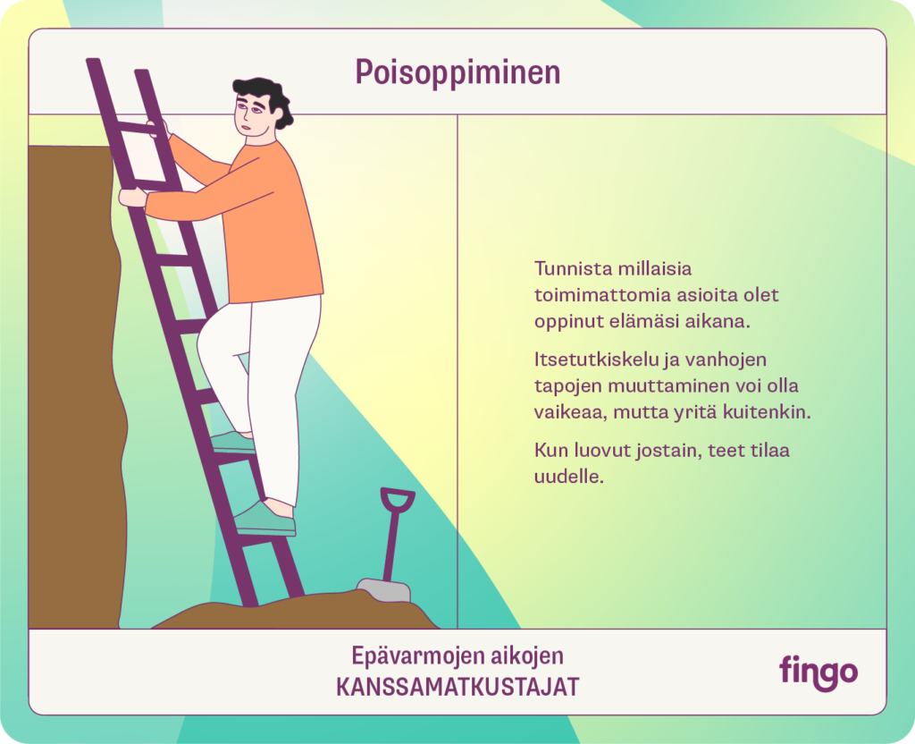 Poisoppiminen

Tunnista millaisia toimimattomia asioita olet oppinut elämäsi aikana.

Itsetutkiskelu ja vanhojen tapojen muuttaminen voi olla vaikeaa, mutta yritä kuitenkin. 

Kun luovut jostain, teet tilaa uudelle.